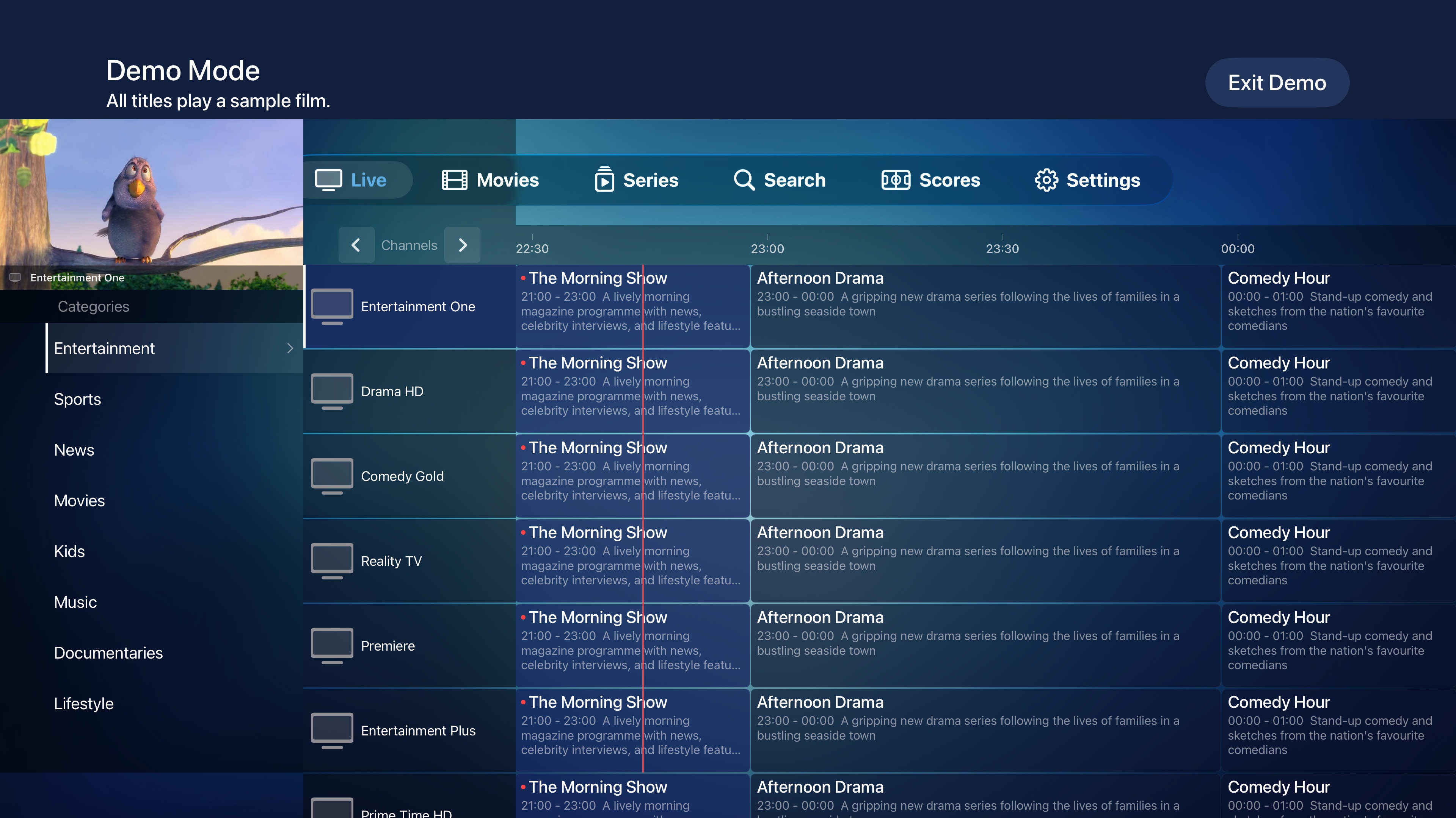 PristinePlayer running on Apple TV in demo mode, with a playing mini preview, categories and programme guide.